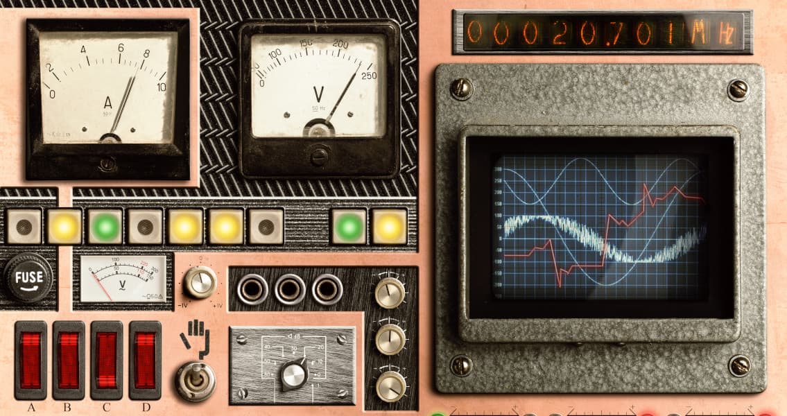 Machine panel with a wide variety of measuring devices, switches and display elements