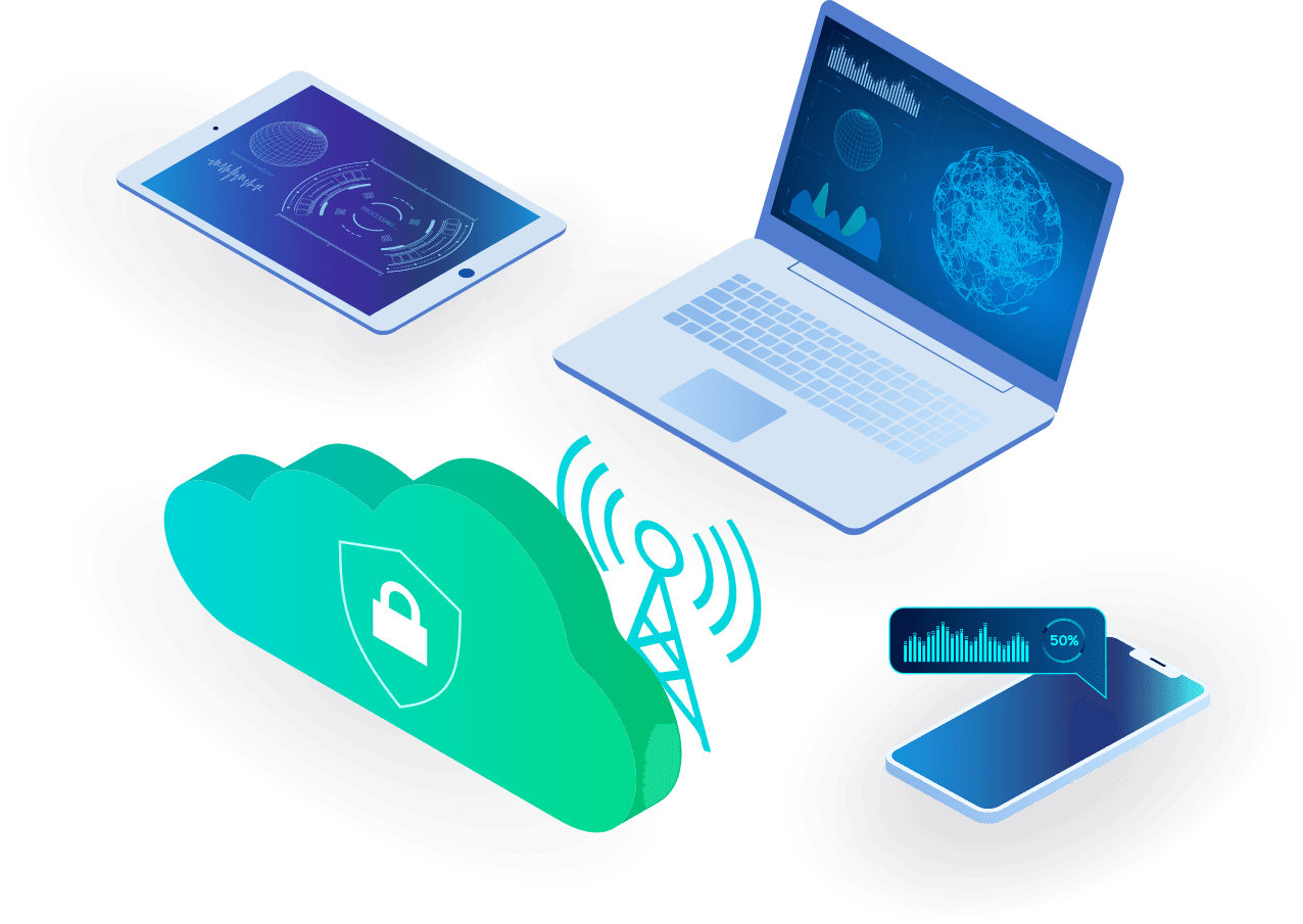 Stylized cloud with end consumer devices showing the gridknight web application.