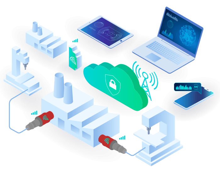 Stylized system overview with metering devices equipped machines, a cloud and end use devices like smartphone, computer und tablet computer